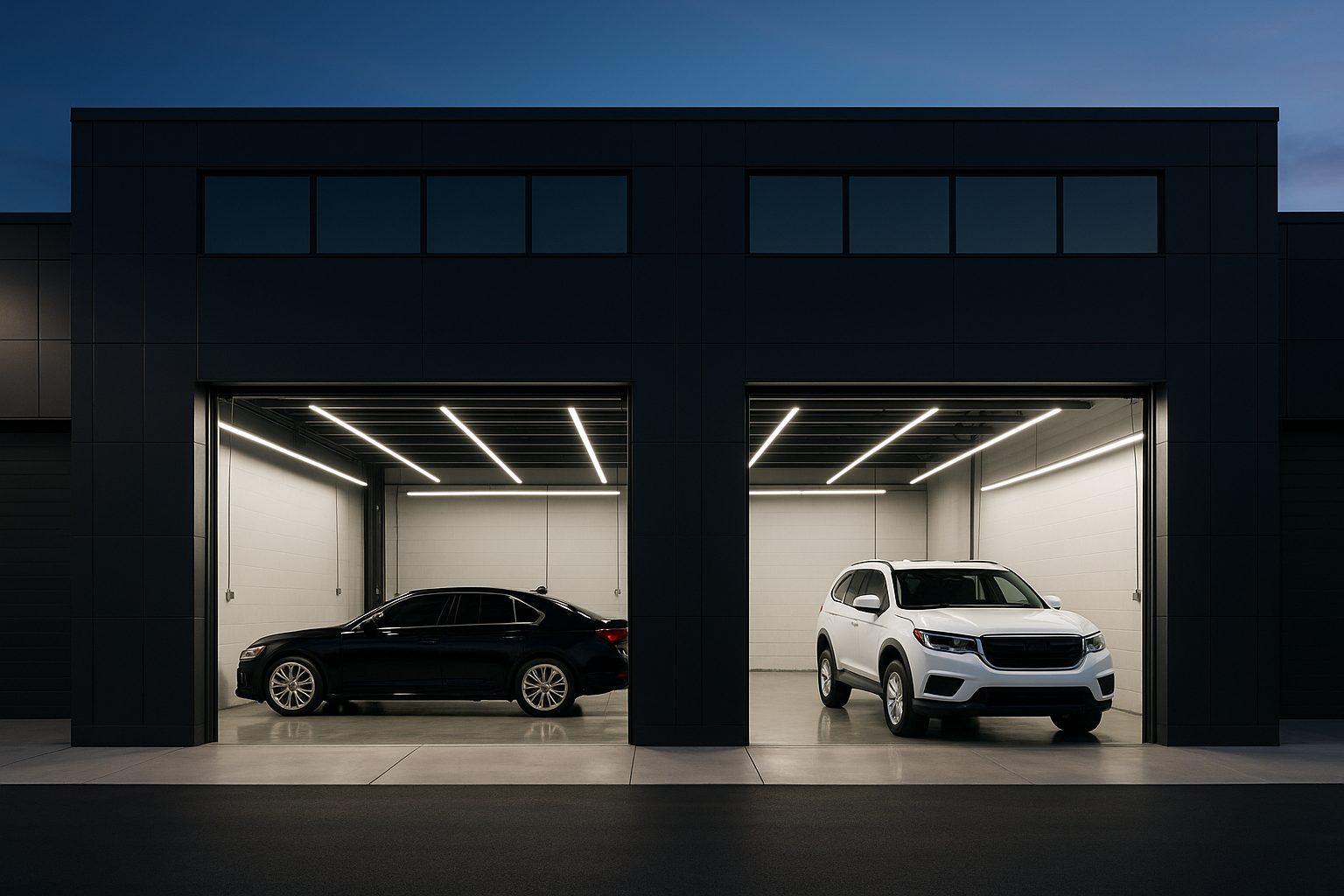 A tint and detailing shop at dusk with its bay doors open